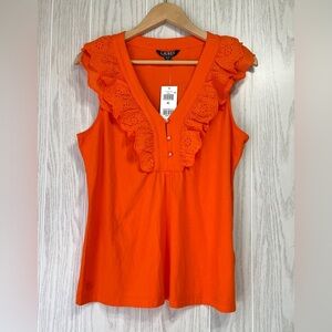 LAUREN RALPH LAUREN Petite Ruffled Sleeveless V-Neck Top Size L